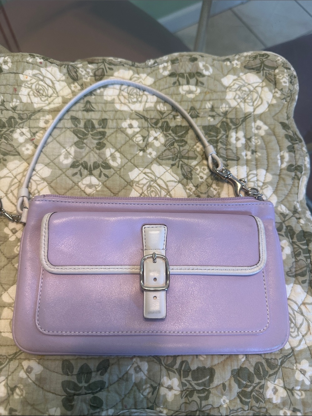 Coach Lavender Leather Wristlet with White 
Trim